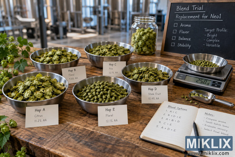 High-resolution landscape photo of multiple labeled hop samples being measured on a digital scale in a brewery laboratory, with blend notes, a trial checklist, and a formulation notebook on a wooden worktable.