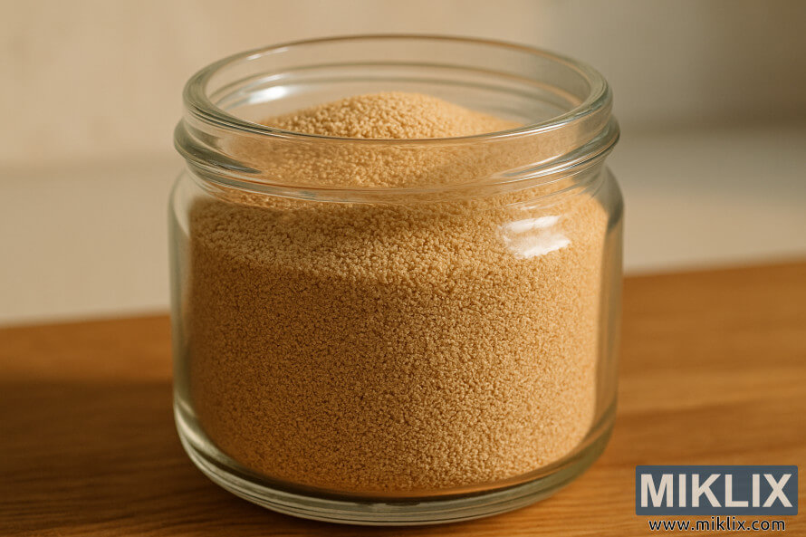 Close-up de um frasco de vidro cheio de pellets de fermento de cerveja seco sobre uma superfÃ­cie de madeira.