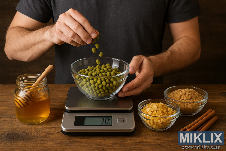 Hjemmebrygger veier humle på en digital vekt med honning, sukker, mais og kanel i nærheten. Hjemmebrygger veier humle på en digital vekt med honning, sukker, mais og kanel i nærheten.