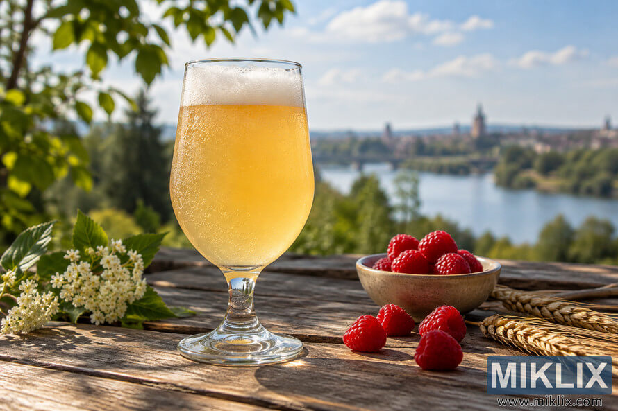 Chilled pale golden beer in a stemmed glass on a rustic wooden table with raspberries, grain, white flowers, and a blurred riverside landscape. Chilled pale golden beer in a stemmed glass on a rustic wooden table with raspberries, grain, white flowers, and a blurred riverside landscape.