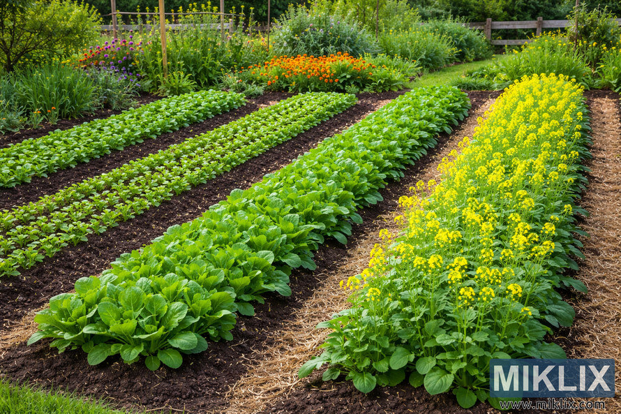Landscape photo of garden rows showing mustard greens at seedling, mature, and flowering stages arranged in neat succession planting beds.