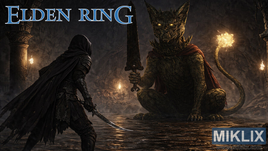 Dark fantasy fan art of a cloaked warrior in Black Knife armor facing a giant seated stone watchdog boss inside a torch-lit underground catacomb. Dark fantasy fan art of a cloaked warrior in Black Knife armor facing a giant seated stone watchdog boss inside a torch-lit underground catacomb.