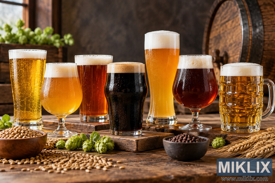 Seven glasses of golden, amber and dark beer on a rustic wooden table with hops, grains and a wooden barrel in the background.