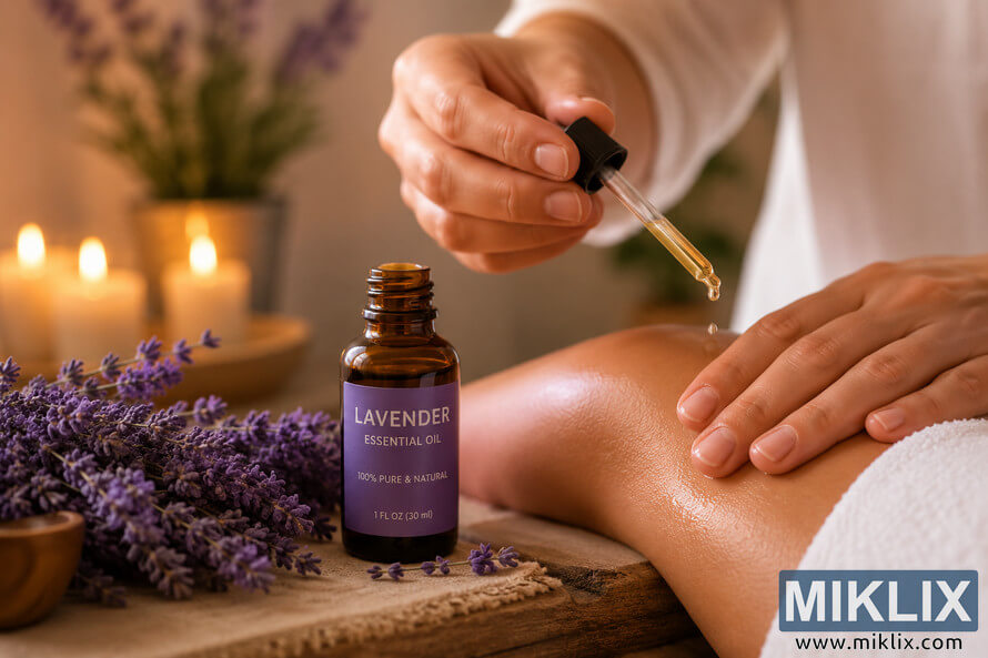 Lavender essential oil being dropped onto skin during a calming spa massage with lavender sprigs and candles nearby. Lavender essential oil being dropped onto skin during a calming spa massage with lavender sprigs and candles nearby.