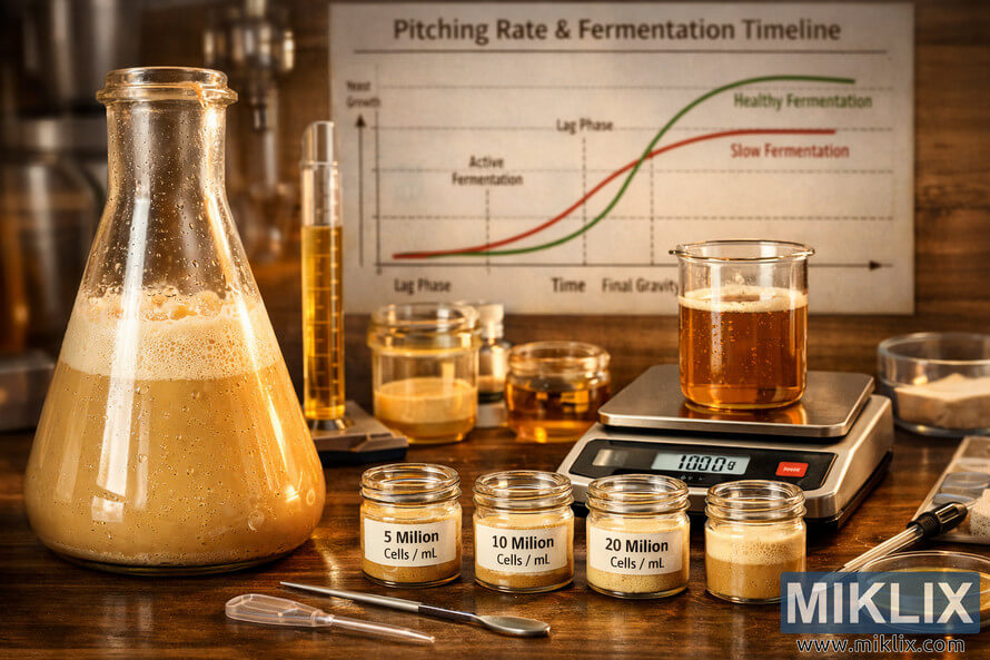 Close-up of a glass flask with creamy yeast slurry on a brewing workspace, surrounded by labeled yeast cell count jars, a digital scale with wort, and a fermentation timeline chart in the background.