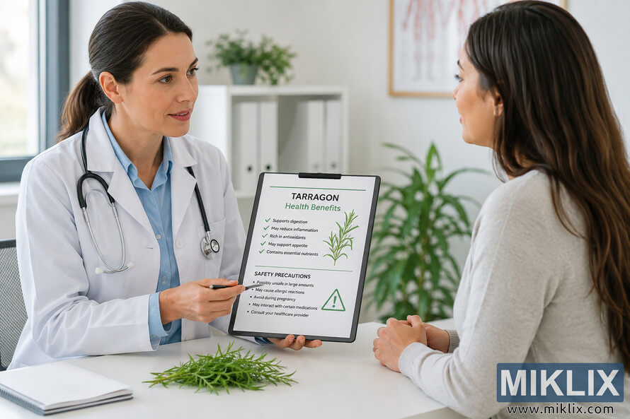 Doctor consulting with a patient in a bright modern clinic while explaining the health benefits and safety precautions of tarragon using a clipboard presentation. Doctor consulting with a patient in a bright modern clinic while explaining the health benefits and safety precautions of tarragon using a clipboard presentation.