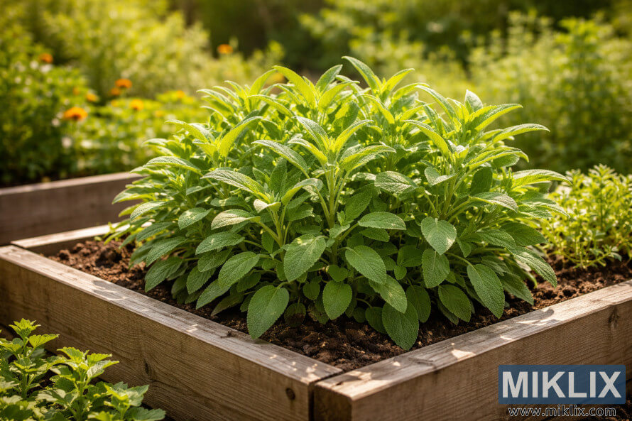 Plante luxuriante de sauge poussant dans un parterre de jardin en bois surÃ©levÃ© sous un soleil Ã©clatant