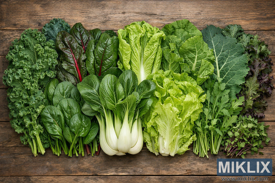 A high-resolution landscape photograph showing various leafy greens such as bok choy, kale, spinach, and lettuce arranged side by side on a rustic wooden surface for comparison. A high-resolution landscape photograph showing various leafy greens such as bok choy, kale, spinach, and lettuce arranged side by side on a rustic wooden surface for comparison.