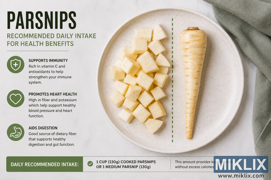Landscape nutrition infographic showing the recommended daily portion of parsnips with one whole peeled parsnip, diced parsnip pieces on a ceramic plate, health benefit icons for immunity, heart health, and digestion, plus guidance indicating approximately one cup cooked or one medium parsnip as a recommended serving. Landscape nutrition infographic showing the recommended daily portion of parsnips with one whole peeled parsnip, diced parsnip pieces on a ceramic plate, health benefit icons for immunity, heart health, and digestion, plus guidance indicating approximately one cup cooked or one medium parsnip as a recommended serving.
