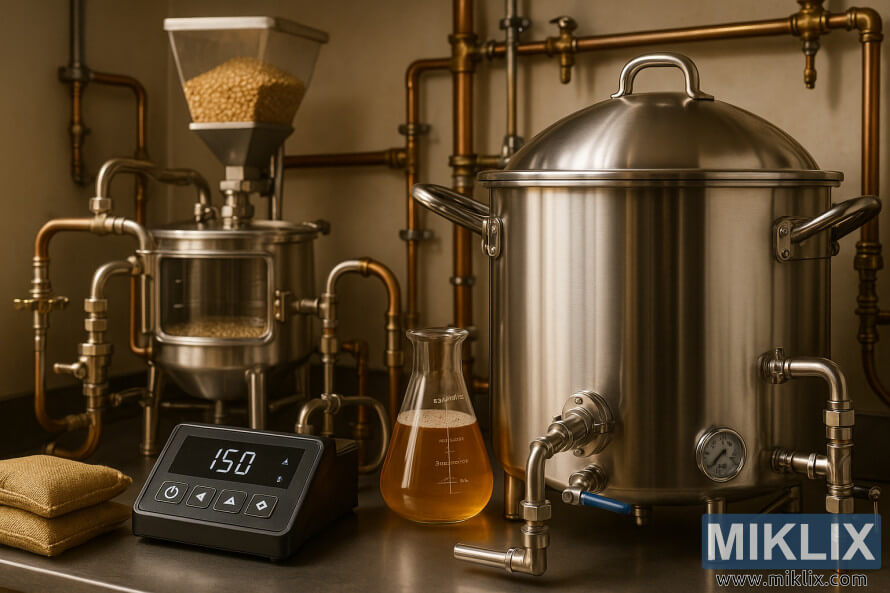 Ð¡Ð¾Ð²ÑÐµÐ¼ÐµÐ½Ð½Ð°Ñ Ð¿Ð¸Ð²Ð¾Ð²Ð°ÑÐµÐ½Ð½Ð°Ñ ÑÑÑÐ°Ð½Ð¾Ð²ÐºÐ° Ñ ÐºÐ¾ÑÐ»Ð¾Ð¼ Ð¸Ð· Ð½ÐµÑÐ¶Ð°Ð²ÐµÑÑÐµÐ¹ ÑÑÐ°Ð»Ð¸, Ð·Ð°ÑÐ¾ÑÐ½ÑÐ¼ ÑÐ°Ð½Ð¾Ð¼, Ð·ÐµÑÐ½Ð¾Ð´ÑÐ¾Ð±Ð¸Ð»ÐºÐ¾Ð¹ Ð¸ ÑÐ¸ÑÑÐ¾Ð²ÑÐ¼ ÑÐ¿ÑÐ°Ð²Ð»ÐµÐ½Ð¸ÐµÐ¼.