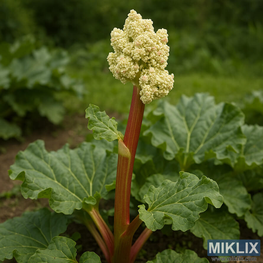 Rhubarb plant with tall flower stalk emerging from leafy base in garden setting