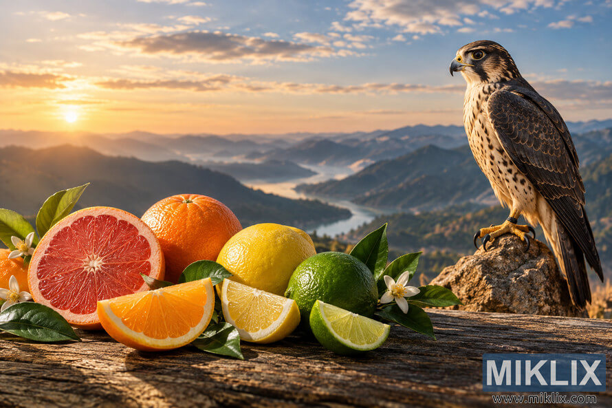 Fresh grapefruit, orange, lemon and lime with citrus leaves and white blossoms on rustic wood, beside a falcon overlooking a misty mountain valley at golden-hour sunset. Fresh grapefruit, orange, lemon and lime with citrus leaves and white blossoms on rustic wood, beside a falcon overlooking a misty mountain valley at golden-hour sunset.