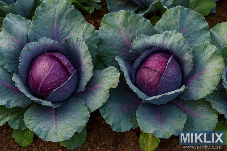 Dues cols vermelles vibrants que creixen entre fulles verdes i morades en un llit de jardÃ­