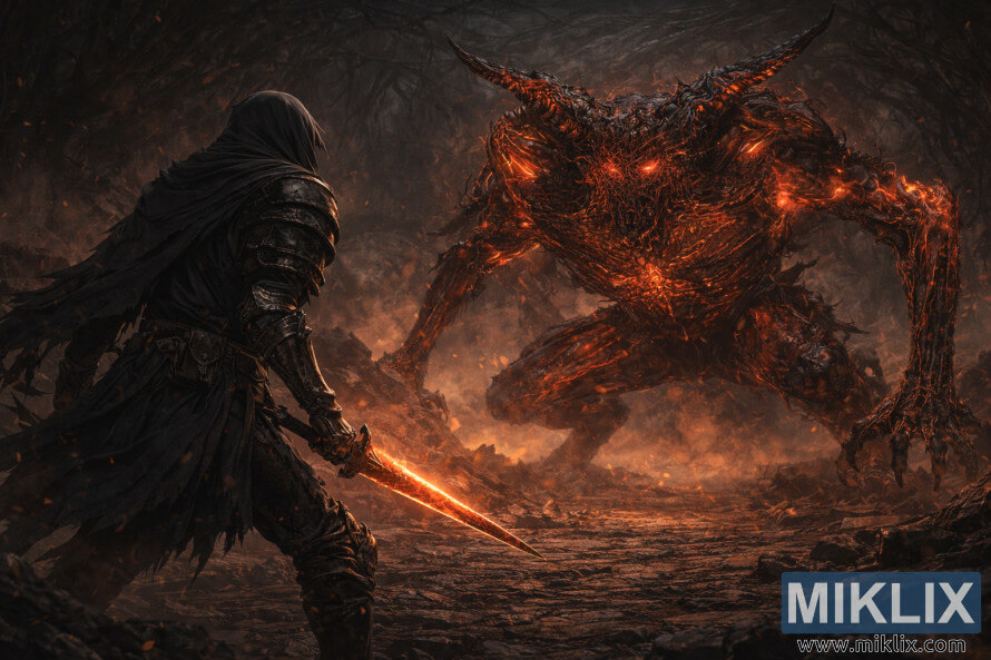 MÃ¸rk fantasiscene med en hÃ¦tteklÃ¦dt, pansret kriger, der konfronterer en massiv, smeltet dÃ¦mon i en brÃ¦ndende hule, gengivet i en realistisk stil.