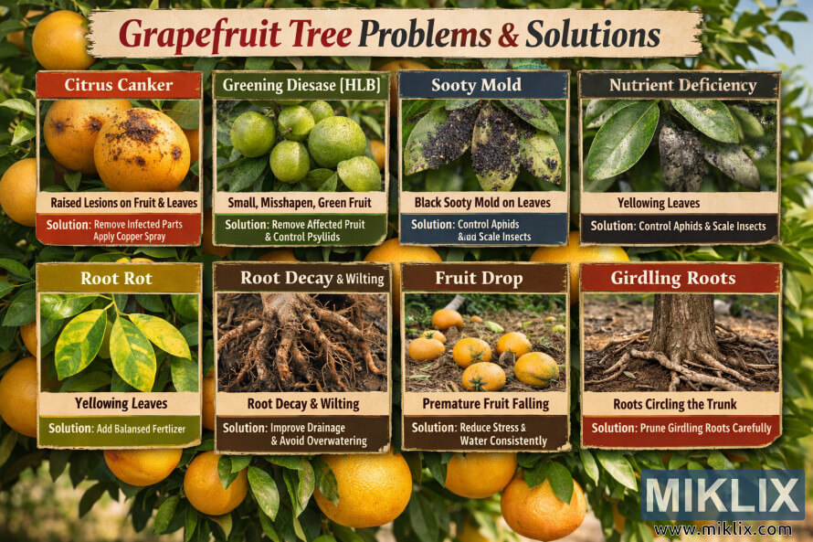 Infografika wat algemene pomeloboomprobleme soos sitruskanker, vergroeningsiekte, roetskimmel, nutriënttekort, wortelvrot, vrugval en omgordende wortels toon, met foto's en oplossings vir elk. Infografika wat algemene pomeloboomprobleme soos sitruskanker, vergroeningsiekte, roetskimmel, nutriënttekort, wortelvrot, vrugval en omgordende wortels toon, met foto's en oplossings vir elk.
