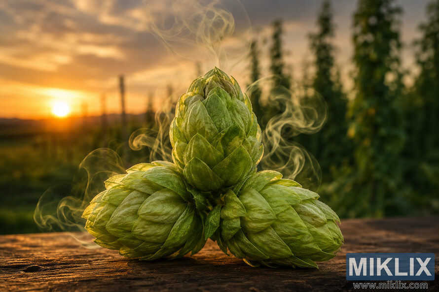 Close-up of a vivid green three-part hop cone with aromatic vapor rising, set against blurred hop fields and a golden sunset.