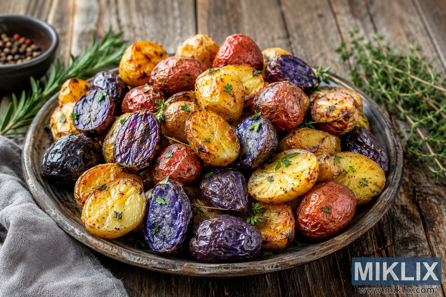 A rustic bowl filled with roasted purple, red, and yellow baby potatoes, lightly seasoned with herbs and arranged on a weathered wooden table with fresh rosemary, thyme, peppercorns, and a folded linen cloth in warm natural light. A rustic bowl filled with roasted purple, red, and yellow baby potatoes, lightly seasoned with herbs and arranged on a weathered wooden table with fresh rosemary, thyme, peppercorns, and a folded linen cloth in warm natural light.