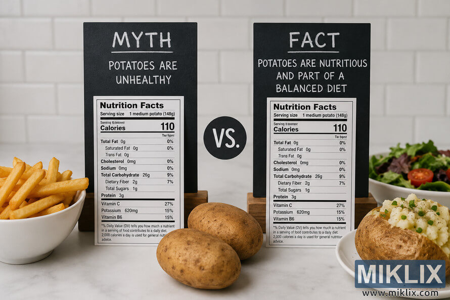 Landscape educational comparison image showing a myth-versus-fact display about potatoes. Two black presentation boards compare a misconception with a factual nutrition message, each featuring nutrition-style labels. Raw potatoes sit in the center, with a bowl of fries on the left and a baked potato with salad on the right in a bright modern kitchen setting without any visible branding. Landscape educational comparison image showing a myth-versus-fact display about potatoes. Two black presentation boards compare a misconception with a factual nutrition message, each featuring nutrition-style labels. Raw potatoes sit in the center, with a bowl of fries on the left and a baked potato with salad on the right in a bright modern kitchen setting without any visible branding.