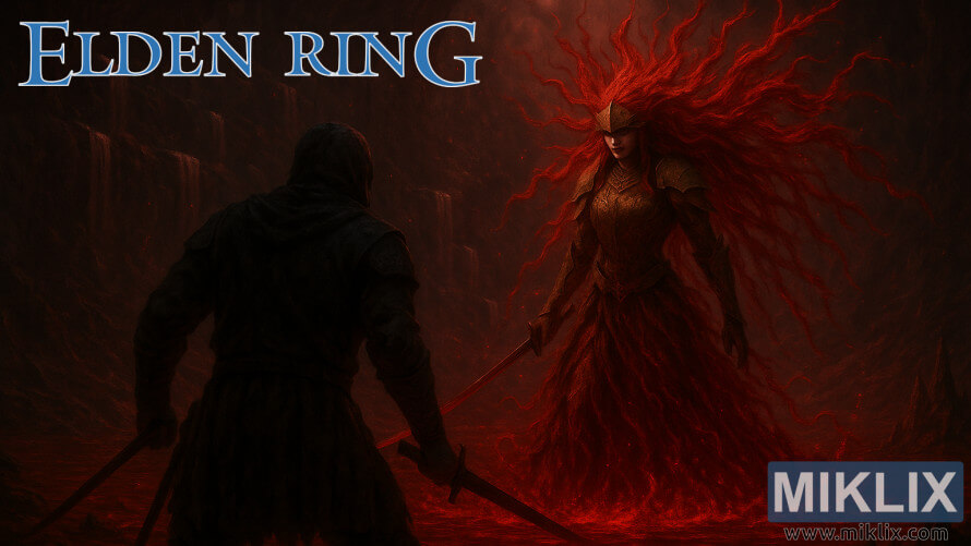 A Black Knife assassin facing Malenia, the Goddess of Rot, in fiery red Elden Ring fan art. A Black Knife assassin facing Malenia, the Goddess of Rot, in fiery red Elden Ring fan art.