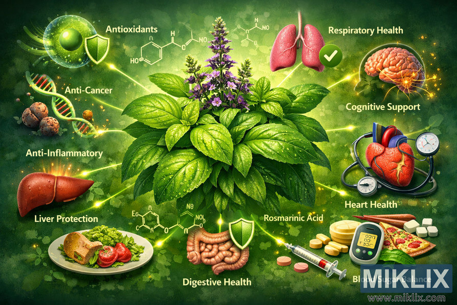 Digital illustration of a central basil plant with glowing lines connecting to organs and icons labeled antioxidants, anti-cancer, anti-inflammatory, liver protection, digestive health, respiratory health, cognitive support, heart health, and blood sugar balance, with chemical structures of basil phytochemicals floating in a soft green background.