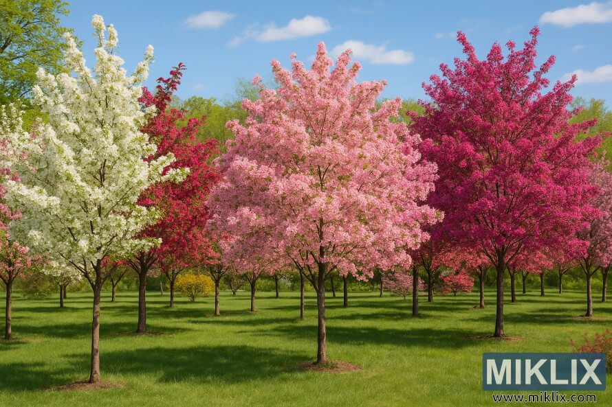 Un verger de pommiers sauvages en fleurs blanches, roses et rouges sous un ciel bleu clair.