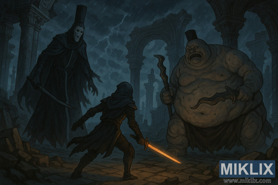 A cloaked warrior with a glowing sword faces the Godskin Duo in the ruined Dragon Temple of Crumbling Farum Azula, under stormy skies filled with lightning and decay.