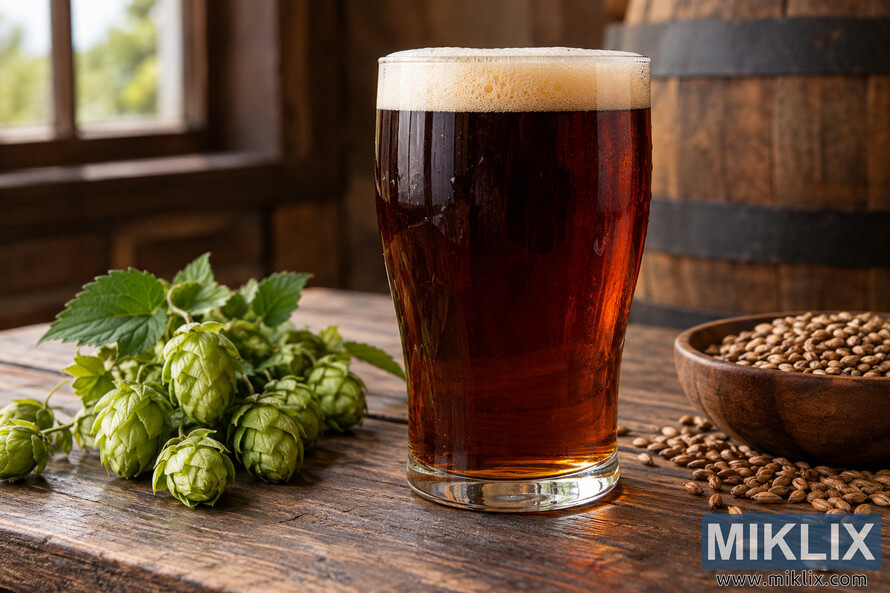 Traditional glass of deep mahogany English brown ale with a creamy tan head, fresh green hop cones, malted grain, and a wooden bowl on a rustic brewery table beside a softly lit barrel.
