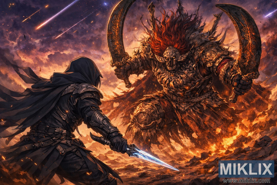 Anime-style fan art showing the Tarnished from behind in Black Knife armor facing Starscourge Radahn amid fire and falling meteors.