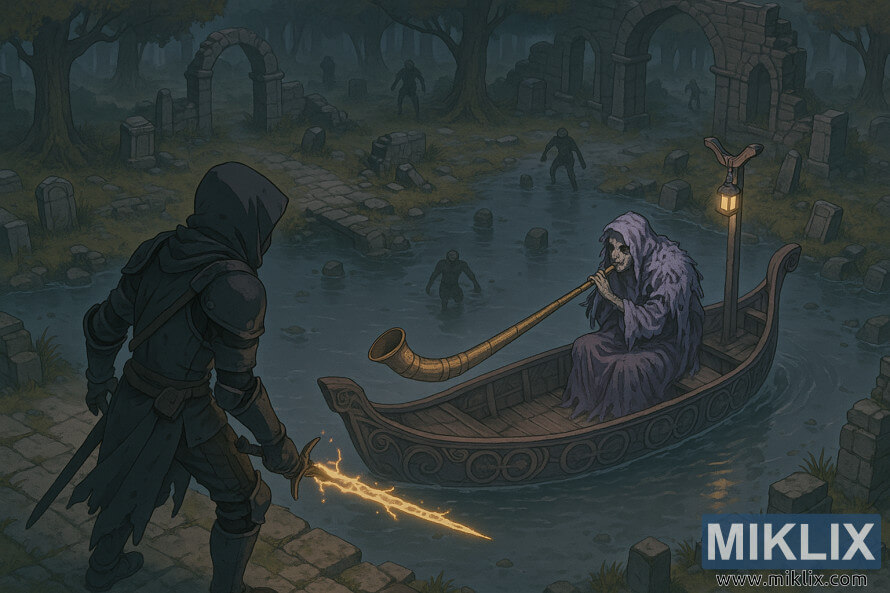 Izometrijski anime stil Elden Ring fan art koji prikazuje Tarnished in Black Knife oklop okrenut prema Tibia Mariner u poplavljenim ruševinama sa nemrtvima približava. Izometrijski anime stil Elden Ring fan art koji prikazuje Tarnished in Black Knife oklop okrenut prema Tibia Mariner u poplavljenim ruševinama sa nemrtvima približava.