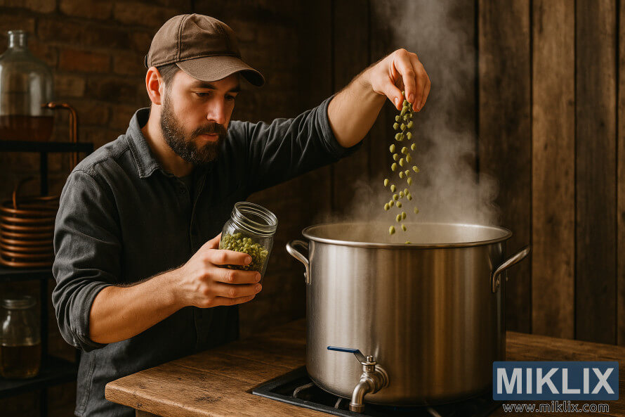 Wani ma'aikacin gida yana sauke koren hops a cikin tukunyar bakin karfe mai tururi a cikin wani wuri mai ban sha'awa.