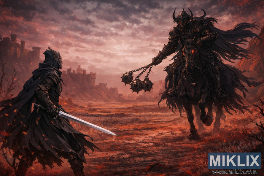 Anime-style fan art of the Tarnished in Black Knife armor facing the Nightâs Cavalry wielding a three-balled flail on a skeletal horse in the red wastelands of Caelid just before battle.