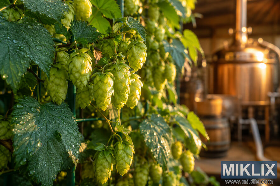 Close-up photograph of Early Prolific hops growing on a green trellis, with dewdrops on lush leaves and softly blurred rustic brewing equipment glowing in warm golden morning light. Close-up photograph of Early Prolific hops growing on a green trellis, with dewdrops on lush leaves and softly blurred rustic brewing equipment glowing in warm golden morning light.