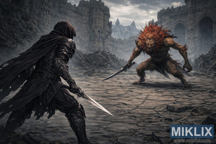 WeitlÃ¤ufige Anime-Fantasy-Szene, die den Tarnished in Black Knife-RÃ¼stung von hinten zeigt, wie er dem Leonine Misbegotten im zerstÃ¶rten Innenhof von Schloss Morne vor dem Kampf gegenÃ¼bersteht.