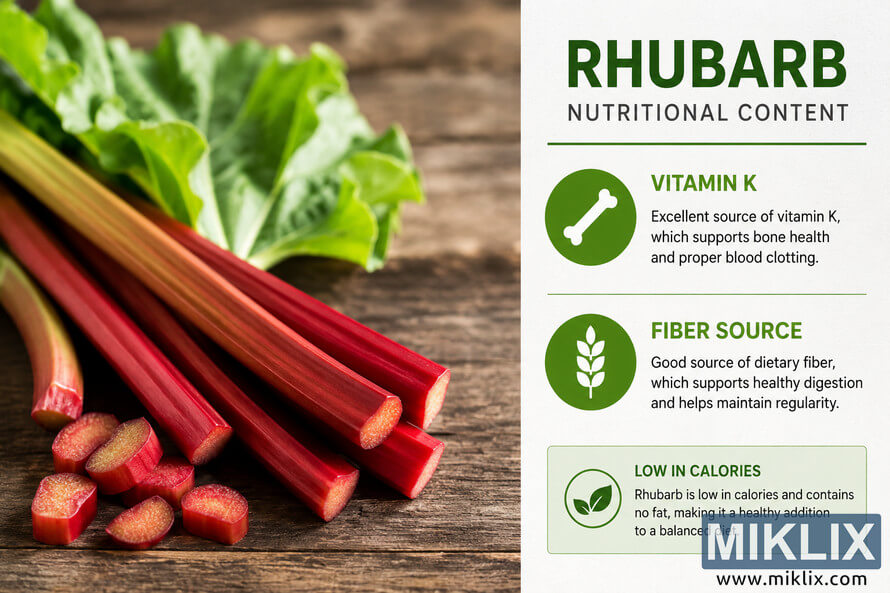 Landscape infographic showing fresh red rhubarb stalks with green leaves on a rustic wooden surface beside a clean nutritional information panel highlighting vitamin K, fiber source benefits, and low calorie content with green icons and modern typography. Landscape infographic showing fresh red rhubarb stalks with green leaves on a rustic wooden surface beside a clean nutritional information panel highlighting vitamin K, fiber source benefits, and low calorie content with green icons and modern typography.