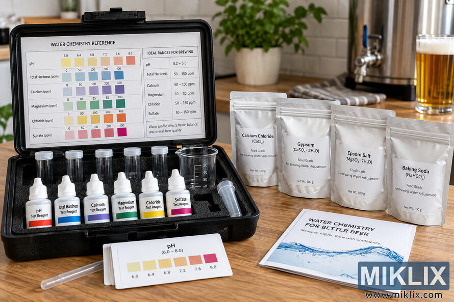 Landscape photo of a generic brewing water chemistry testing kit with reagent bottles, sample tubes, pH reference charts, measuring tools, and mineral pouches for calcium chloride, gypsum, Epsom salt, and baking soda on a wooden countertop beside brewing equipment.