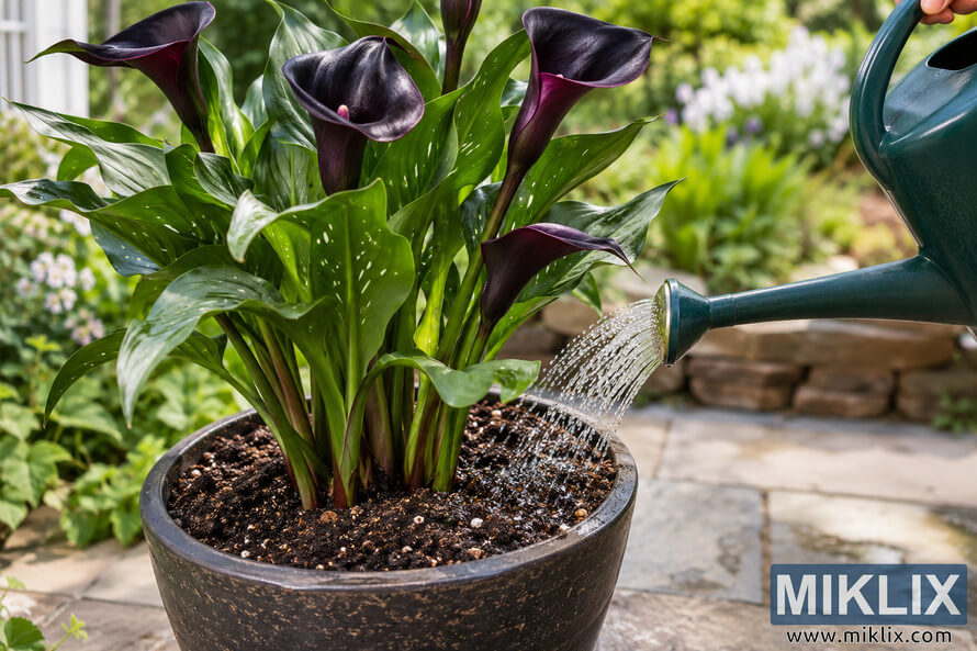 Dark purple calla lilies in a pot being watered at the soil level with a green watering can, avoiding direct watering of the central crown. Dark purple calla lilies in a pot being watered at the soil level with a green watering can, avoiding direct watering of the central crown.