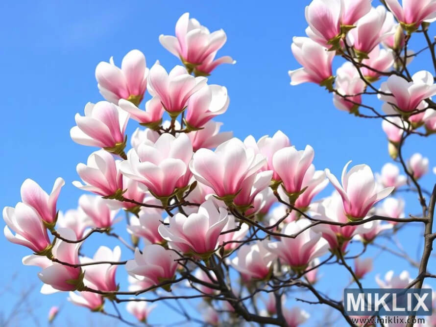 Pink and white tulip-shaped Saucer Magnolia flowers blooming on slender branches against a clear blue sky. Pink and white tulip-shaped Saucer Magnolia flowers blooming on slender branches against a clear blue sky.