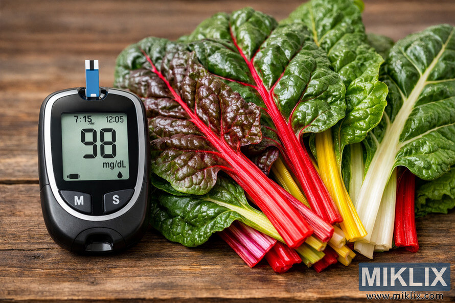 A blood glucose meter displaying 98 mg/dL placed beside vibrant Swiss chard leaves with red, yellow, and white stems on a rustic wooden surface, representing diabetes management and healthy eating.
