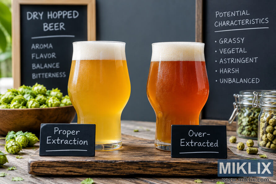 Side-by-side dry hopped beer samples labeled Proper Extraction and Over-Extracted, with golden and dark amber beer, fresh hops, hop pellets, and chalkboards listing sensory characteristics. Side-by-side dry hopped beer samples labeled Proper Extraction and Over-Extracted, with golden and dark amber beer, fresh hops, hop pellets, and chalkboards listing sensory characteristics.