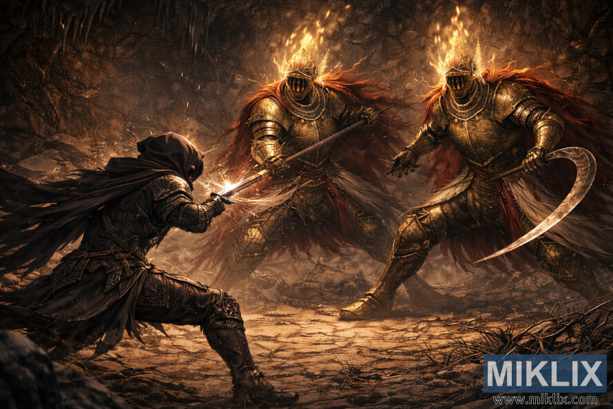 Dynamic dark-fantasy fan art of the Tarnished parrying a spear as two identical Cleanrot Knights attack inside Elden Ring’s Abandoned Cave.