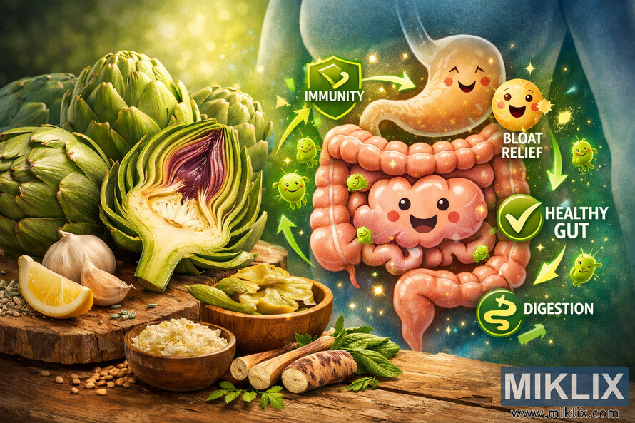 Illustration showing artichokes and a human digestive system with icons for immunity, bloat relief, healthy gut, and digestion. Illustration showing artichokes and a human digestive system with icons for immunity, bloat relief, healthy gut, and digestion.