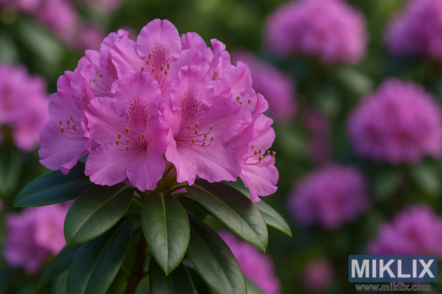 Gros plan du rhododendron Roseum Elegans avec des fleurs en forme de dÃ´me rose-violet.