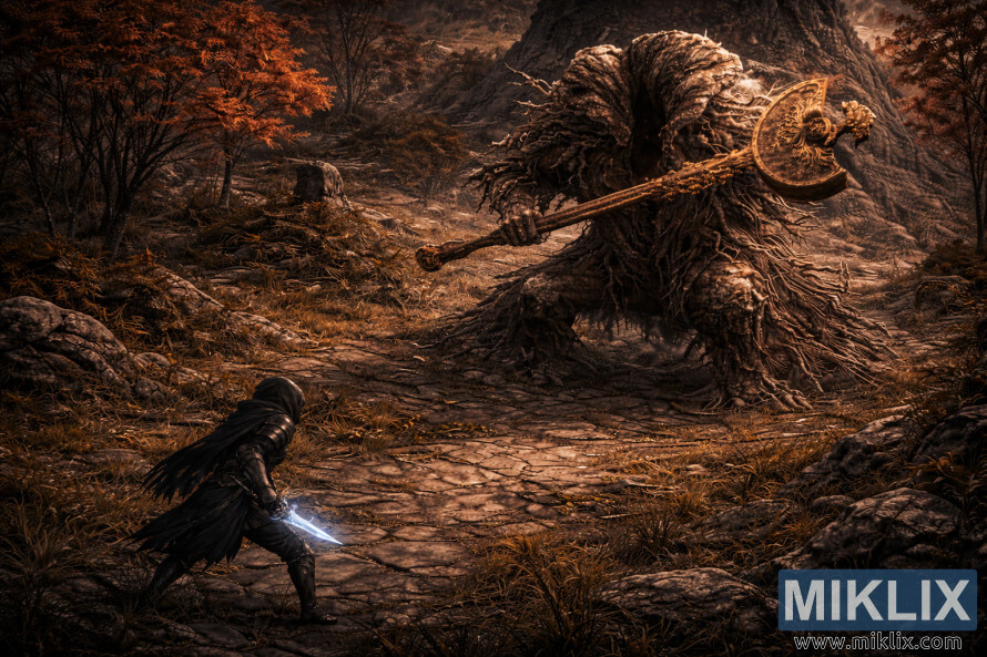 QaranlÄ±q fantaziya Elden Ring-dÉn ilhamlanan sÉnÉt ÉsÉri, payÄ±z xarabalÄ±q mÉnzÉrÉsindÉ nÉhÉng Erdtree AvatarÄ±na qarÅÄ± parÄ±ldayan xÉncÉrlÉ Ã¶rtÃ¼lmÃ¼Å QarÄ±ÅÄ±qlÄ±ÄÄ± gÃ¶stÉrÉn izometrik mÉnzÉrÉdÉn ilhamlanÄ±b.