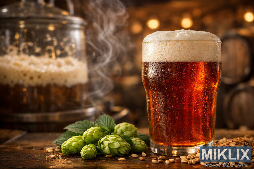 Close-up of an amber Bohemian Ale with creamy foam, hops and malt in the foreground, and a bubbling fermentation vessel in a warm, rustic brewery setting.