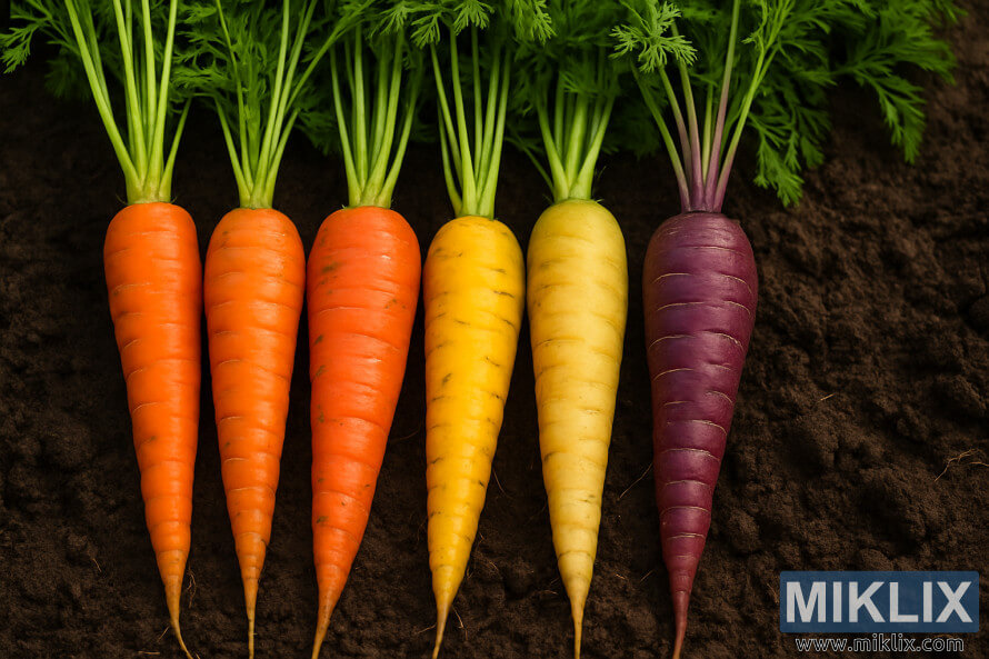 Zanahorias variadas de colores con hojas verdes colocadas sobre tierra oscura de jardÃ­n.