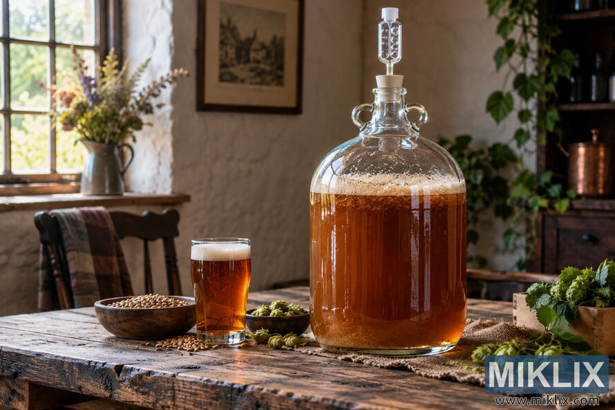 Large glass carboy filled with fermenting amber British-style ale and fitted with an airlock on a rustic wooden table, surrounded by a pint of ale, malted barley and fresh green hops in a warmly sunlit cottage interior.