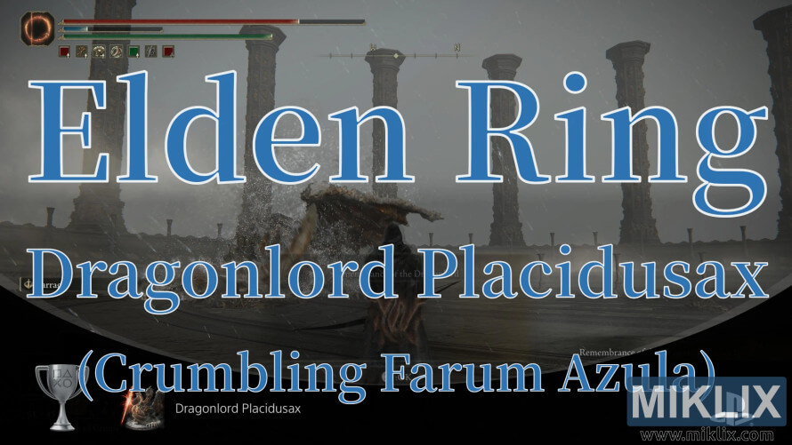 မုန်တိုင်းထန်သောကောင်းကင်နှင့် PlayStation ဖလားသင်္ကေတများပါရှိသော Crumbling Farum Azula တွင် Dragonlord Placidusax ကို ရင်ဆိုင်ရသည့် ကစားသမားကို Elden Ring ဖန်သားပြင်စခရင်ပုံ။