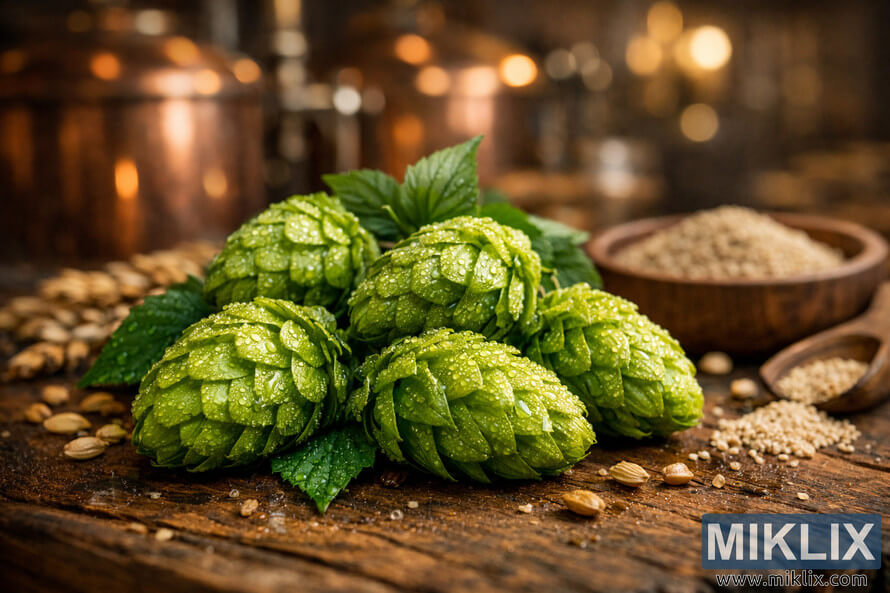 Close-up macro view of dew-covered Cerera aroma hops on a rustic wooden brewing table with barley, yeast, and blurred copper brewery equipment in the background.