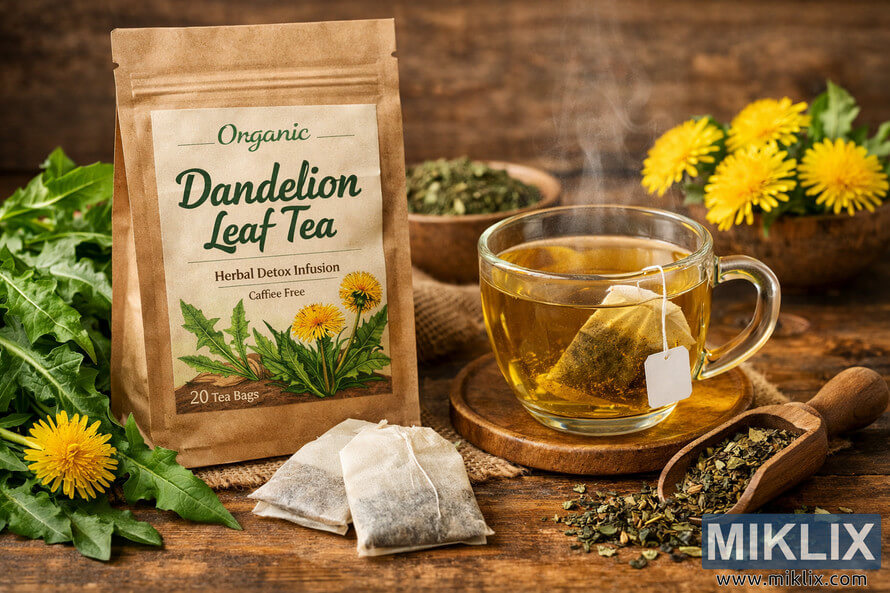 Landscape photo of organic dandelion leaf tea bags with fresh dandelion greens, a steaming cup of tea, and rustic wooden textures.