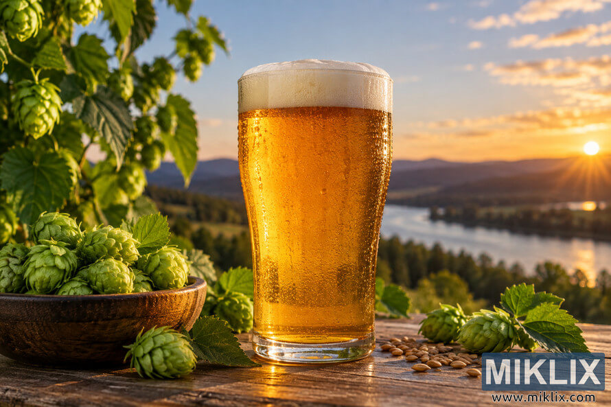 Golden American pale ale with a creamy foam head and condensation on the glass, surrounded by fresh green hop cones, hop vines and brewing grain on a rustic wooden table overlooking a river valley at sunset. Golden American pale ale with a creamy foam head and condensation on the glass, surrounded by fresh green hop cones, hop vines and brewing grain on a rustic wooden table overlooking a river valley at sunset.